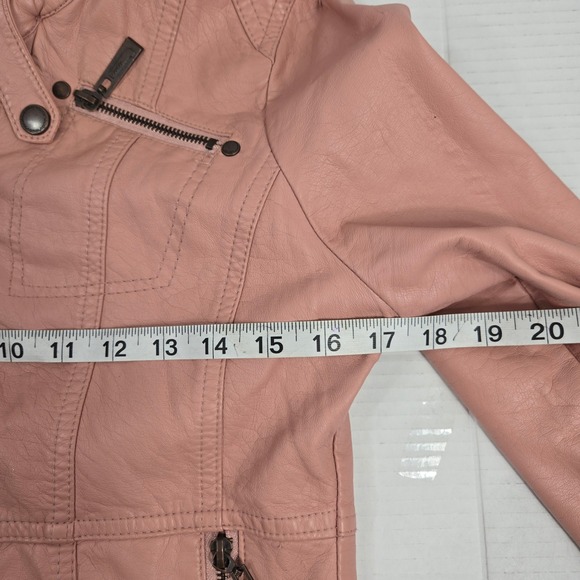 JouJou Faux Leather Moto Jacket Hooded Zip Up Pockets Pink Womens Biker Elegance - Picture 7 of 10